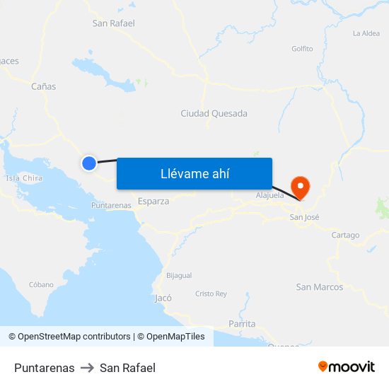 Puntarenas to San Rafael map