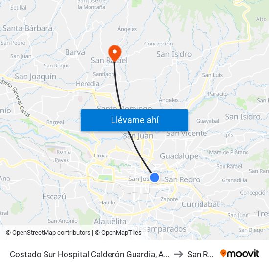 Costado Sur Hospital Calderón Guardia, Aranjuez San José to San Rafael map