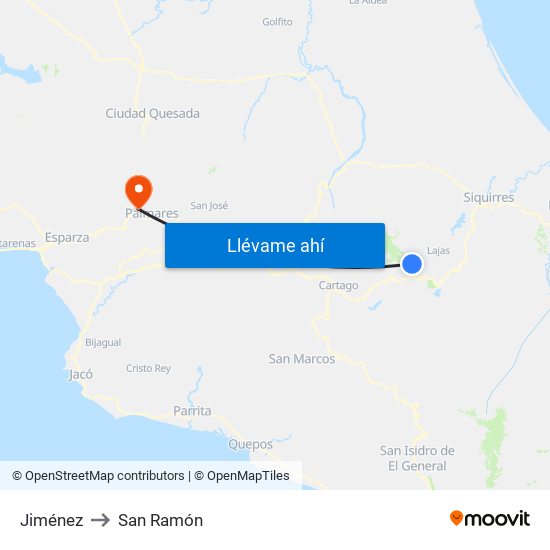 Jiménez to San Ramón map