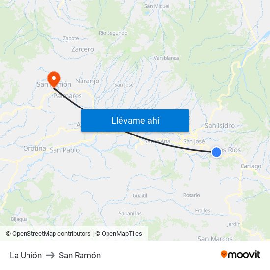 La Unión to San Ramón map