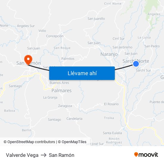 Valverde Vega to San Ramón map