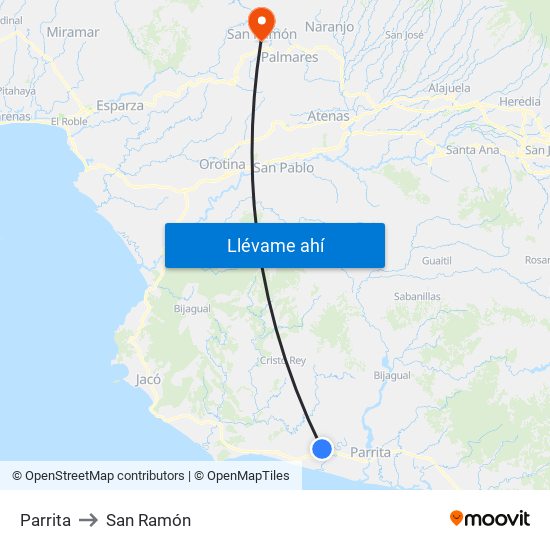 Parrita to San Ramón map