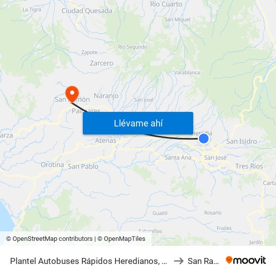 Plantel Autobuses Rápidos Heredianos, Pirro Heredia to San Ramón map