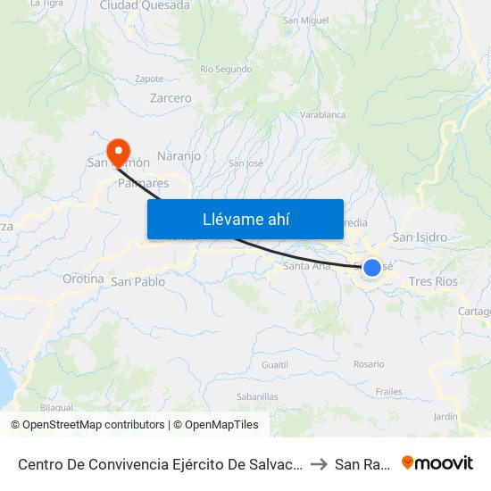 Centro De Convivencia Ejército De Salvación, San José to San Ramón map