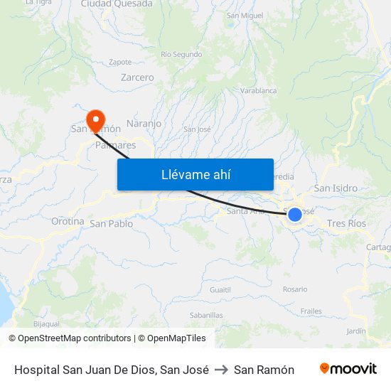 Hospital San Juan De Dios, San José to San Ramón map