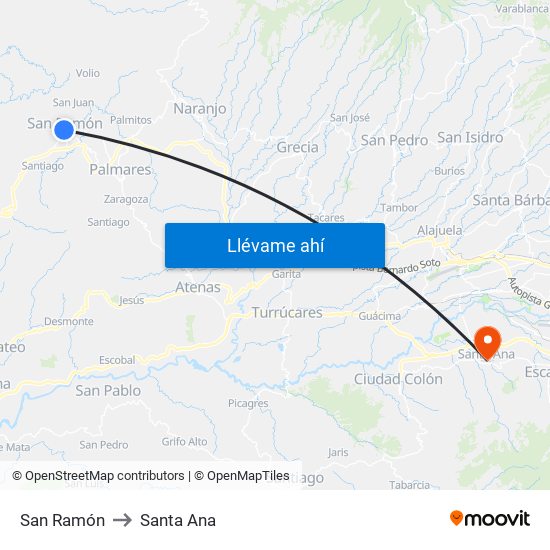 San Ramón to Santa Ana map