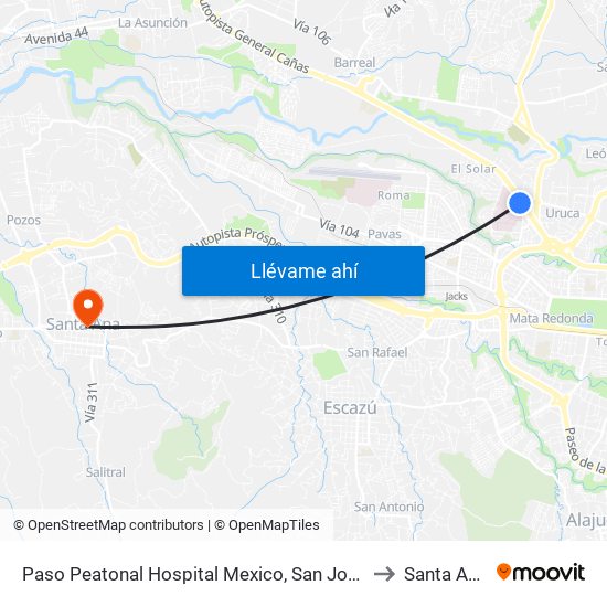 Paso Peatonal Hospital Mexico, San José to Santa Ana map