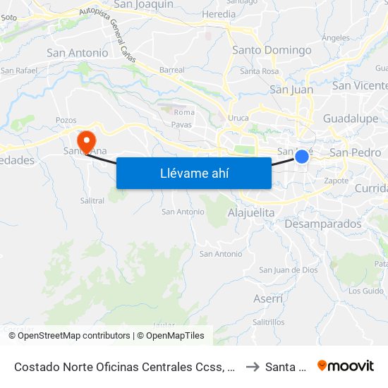 Costado Norte Oficinas Centrales Ccss, San José to Santa Ana map