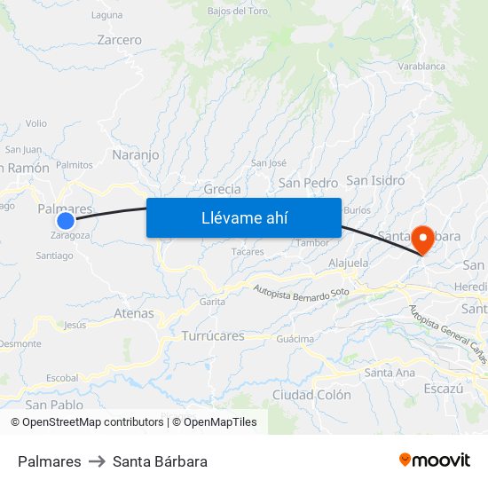 Palmares to Santa Bárbara map