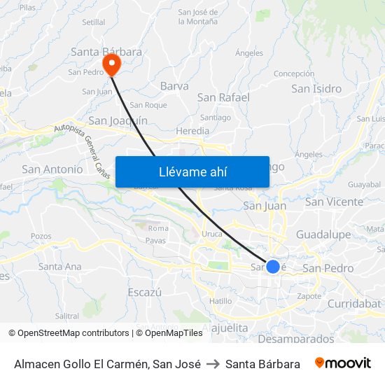 Almacen Gollo El Carmén, San José to Santa Bárbara map