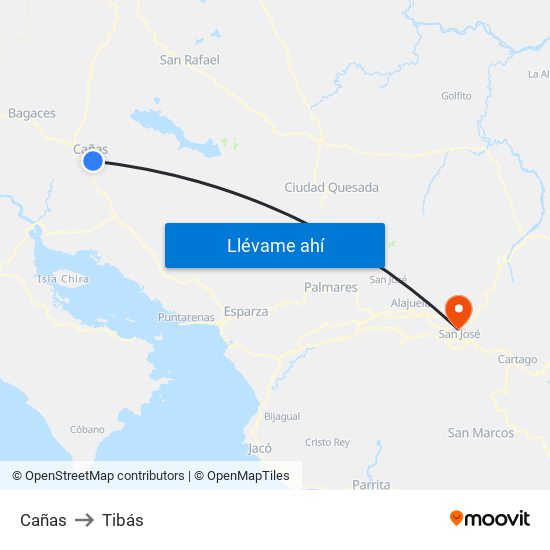 Cañas to Tibás map