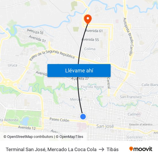 Terminal San José, Mercado La Coca Cola to Tibás map
