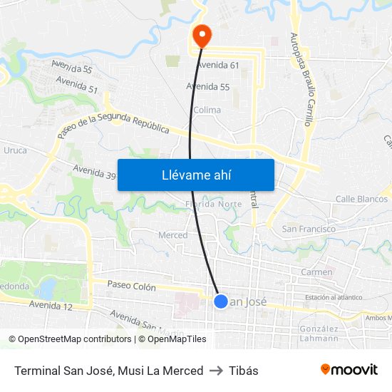 Terminal San José,  Musi La Merced to Tibás map