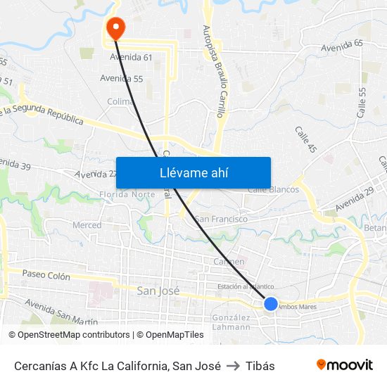 Cercanías A Kfc La California, San José to Tibás map