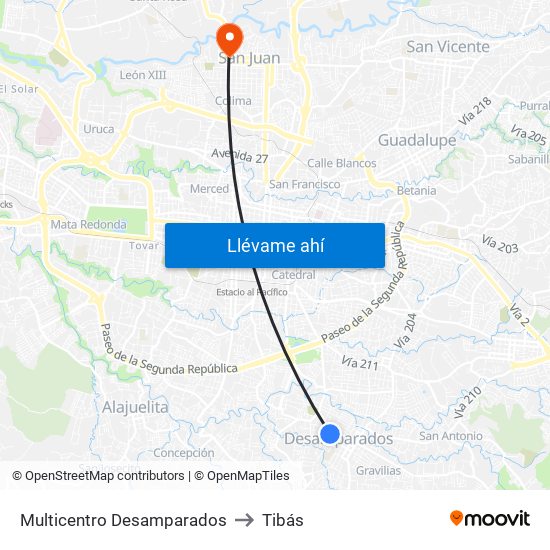 Multicentro Desamparados to Tibás map