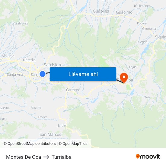 Montes De Oca to Turrialba map