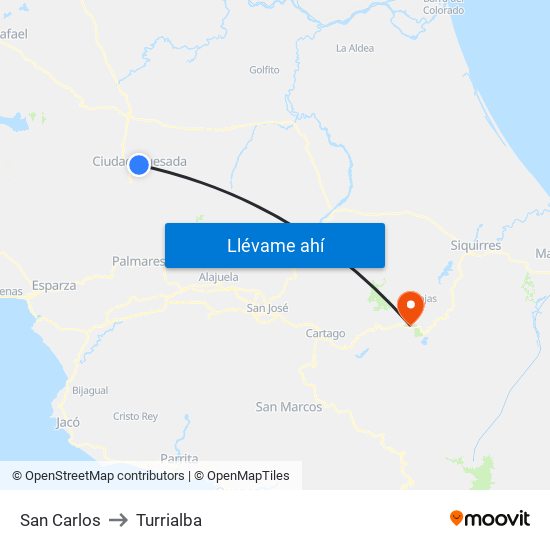 San Carlos to Turrialba map