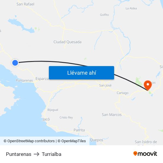 Puntarenas to Turrialba map