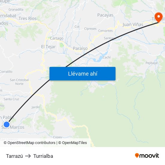 Tarrazú to Turrialba map