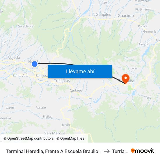 Terminal Heredia, Frente A Escuela Braulio Morales to Turrialba map