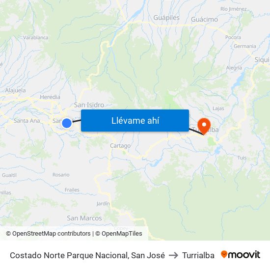 Costado Norte Parque Nacional, San José to Turrialba map