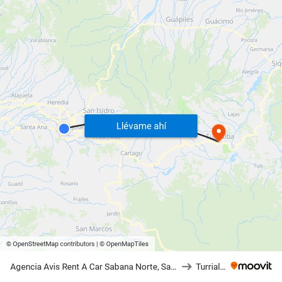 Agencia Avis Rent A Car Sabana Norte, San José to Turrialba map