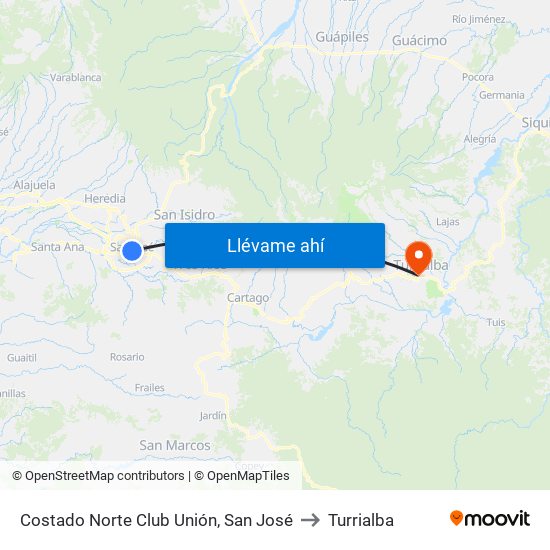 Costado Norte Club Unión, San José to Turrialba map