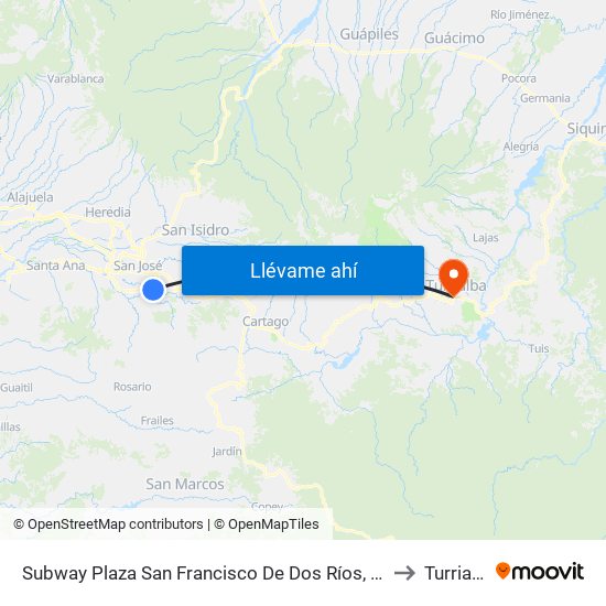 Subway Plaza San Francisco De Dos Ríos, San José to Turrialba map