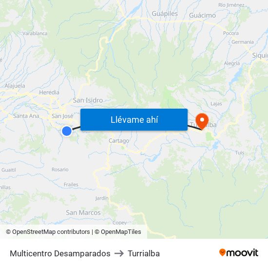 Multicentro Desamparados to Turrialba map