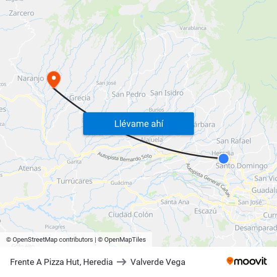 Frente A Pizza Hut, Heredia to Valverde Vega map