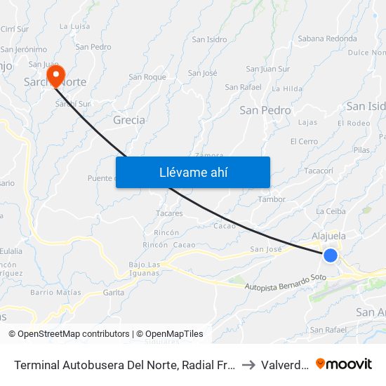Terminal Autobusera Del Norte, Radial Francisco J. Orlich Alajuela to Valverde Vega map