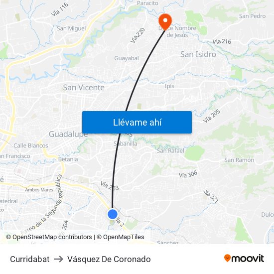 Curridabat to Vásquez De Coronado map