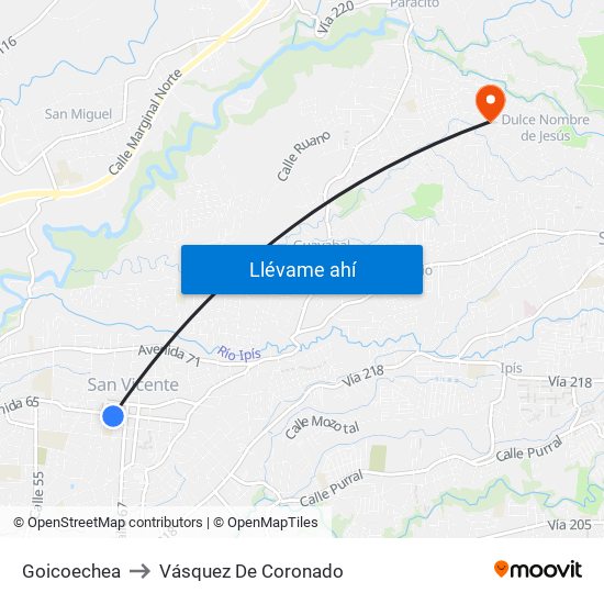 Goicoechea to Vásquez De Coronado map