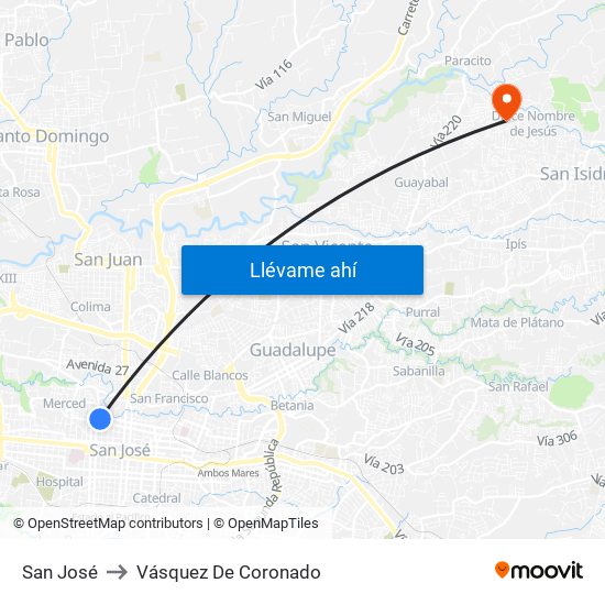 San José to Vásquez De Coronado map