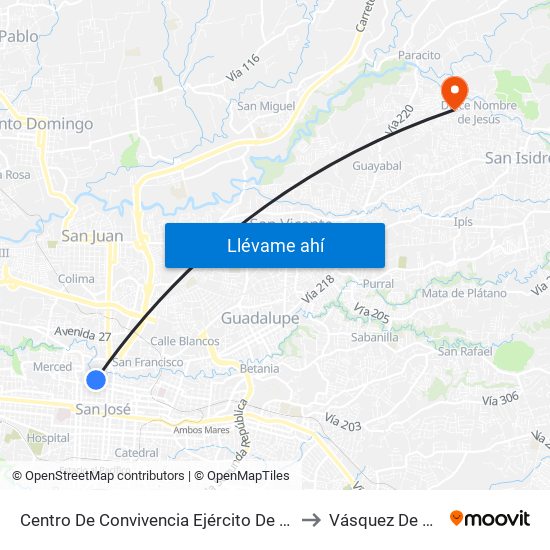 Centro De Convivencia Ejército De Salvación, San José to Vásquez De Coronado map