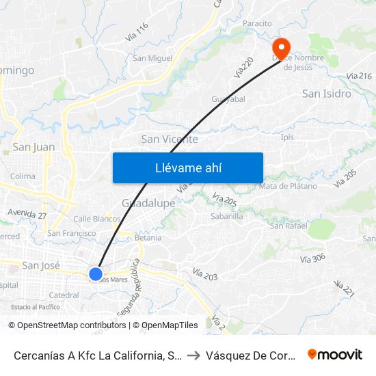 Cercanías A Kfc La California, San José to Vásquez De Coronado map
