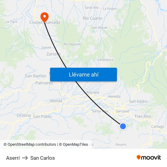 Aserrí to San Carlos map