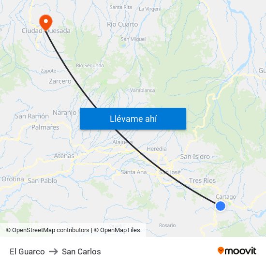 El Guarco to San Carlos map