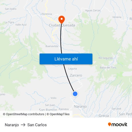 Naranjo to San Carlos map