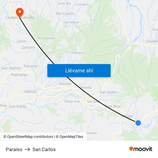 Paraíso to San Carlos map