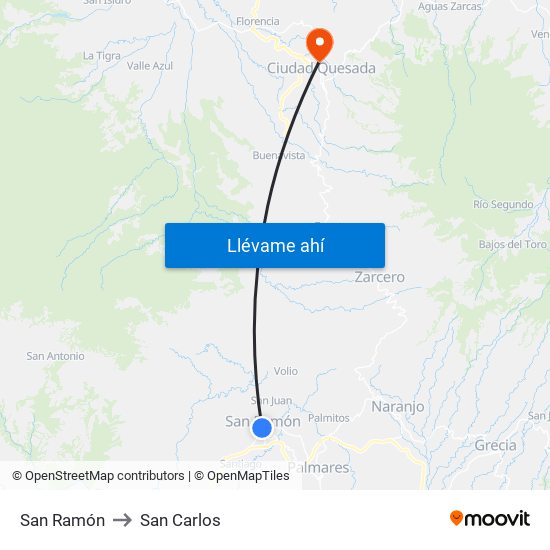 San Ramón to San Carlos map