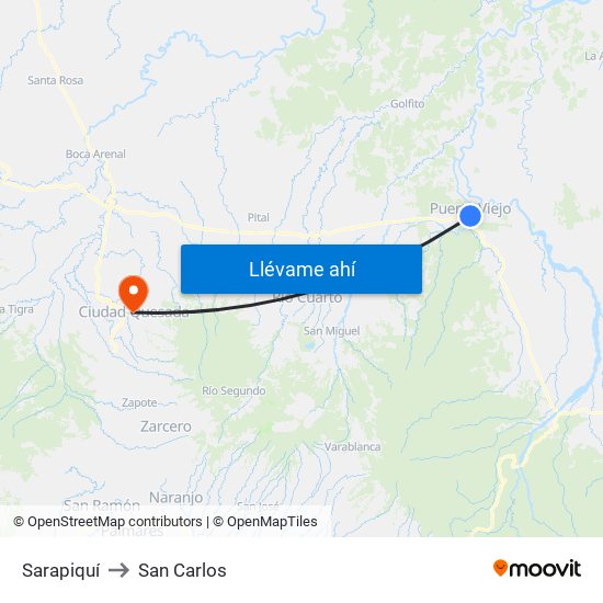 Sarapiquí to San Carlos map