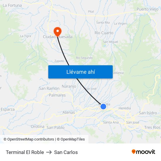 Terminal El Roble to San Carlos map