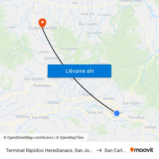 Terminal Rápidos Heredianaos, San José to San Carlos map