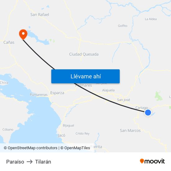 Paraíso to Tilarán map