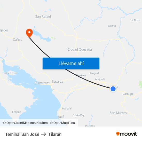 Teminal San José to Tilarán map