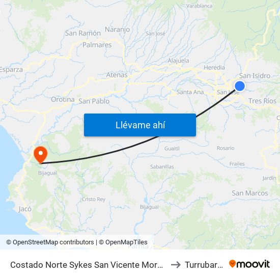 Costado Norte Sykes San Vicente Moravia to Turrubares map