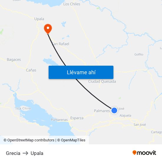 Grecia to Upala map
