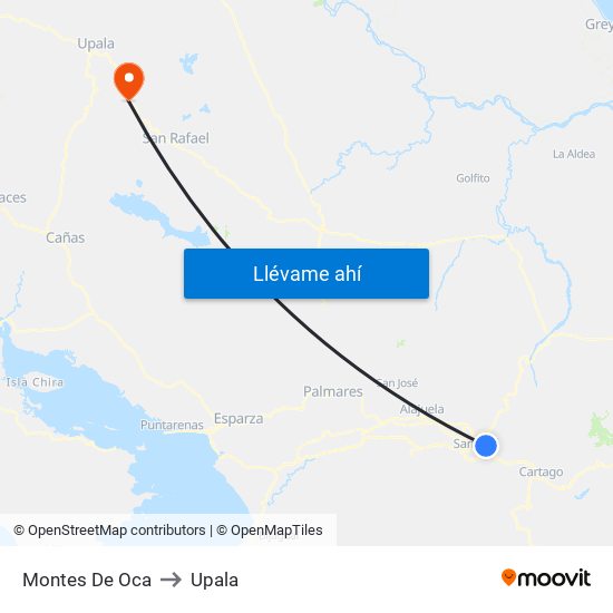 Montes De Oca to Upala map