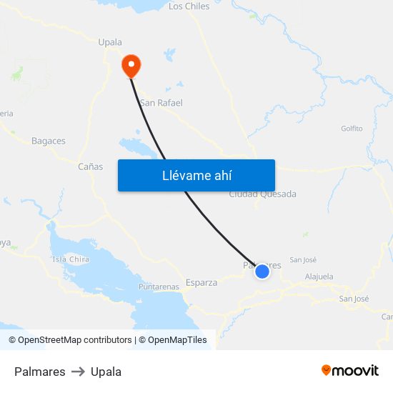 Palmares to Upala map